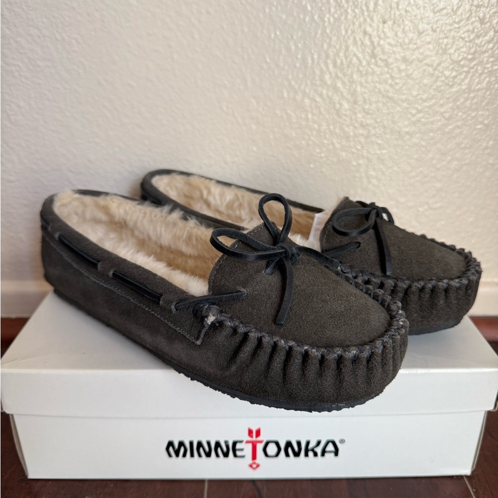 Minnetonka Grey Moccasin Slippers with Sherpa Lining